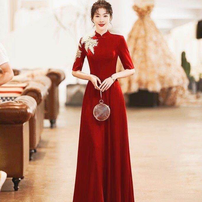 礼物仪服装女高端迎宾小姐刺绣旗袍红色长裙中国风合唱古筝比赛礼