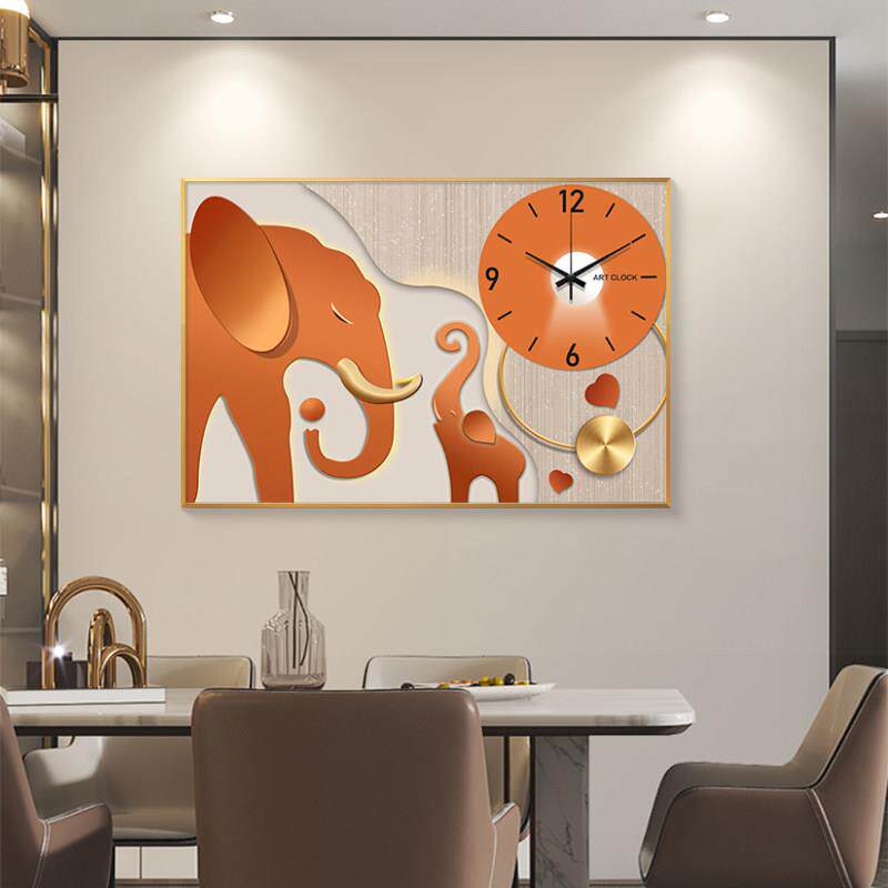 新中式餐厅装饰画时钟挂画现代简约钟表画客厅背景墙壁画高级感