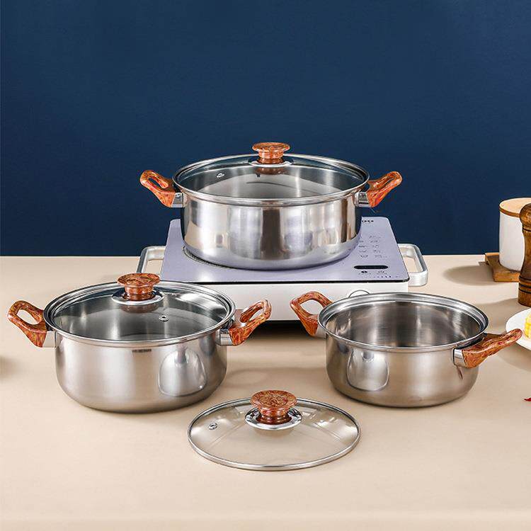 跨境货源不锈钢套锅 12件套木纹手柄带水壶锅具组合厨房烹饪套装