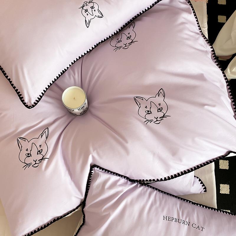 咪40支长风绒棉铅笔画格四件套纯棉三角无品牌/针绣刺猫时尚简约