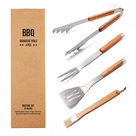 洛摩鼎bbq实心橡胶木手柄烧烤工具，套装牛皮纸盒，4件套户外烧烤用具