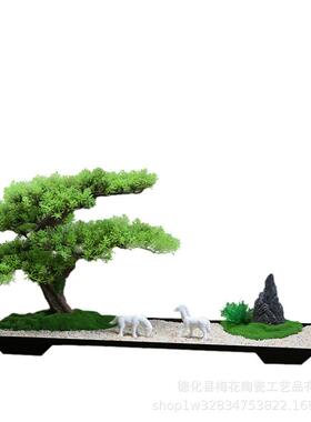 仿真迎客松盆景摆件入户玄关客厅装饰品新中式电视柜桌面绿植造景