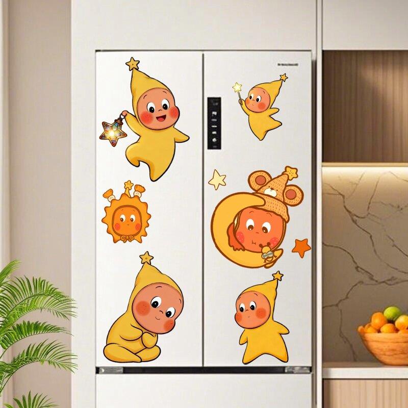 可爱星星人卡通贴纸双门十字门冰箱贴纸防水自粘遮丑厨房饭厅