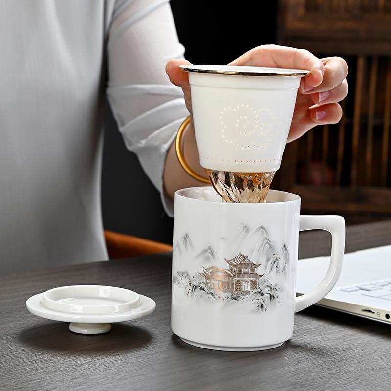 2026新款景德镇羊脂玉瓷办公杯泡茶水杯茶水分离杯大容量陶瓷马克