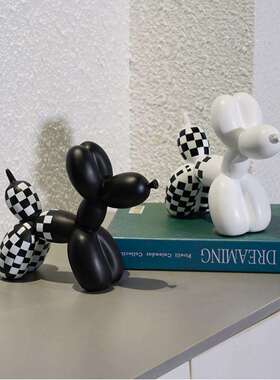 跨境黑白棋盘格子金嘴气球狗摆件家居客厅电视柜软装饰树脂工艺品
