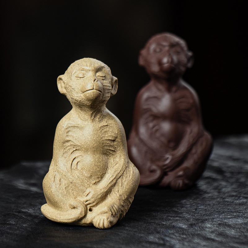 宜兴紫砂茶宠猴子大圣原矿紫泥手工精品十二生肖香插茶桌摆件配件