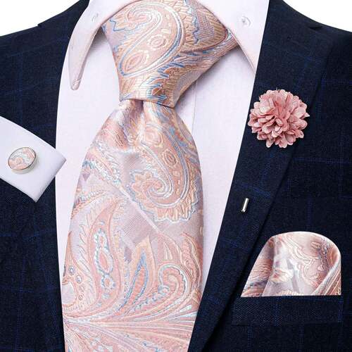 Paisley Pink Necktie With Brooch Silk Elegent Wedding Tie Fo