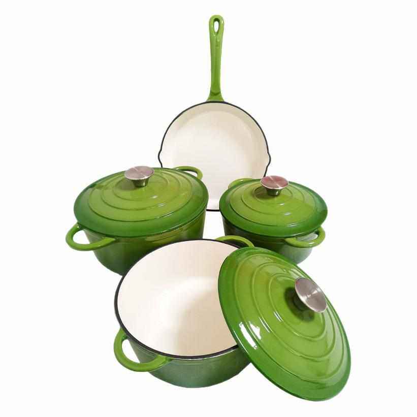 定制珐琅锅套装七件套 搪瓷铸铁锅炖锅 绿色渐变法式风格set pots