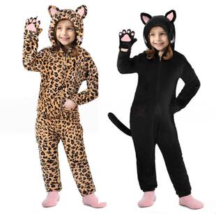 2025新款秋冬法兰绒带猫爪黑猫豹纹小猫儿童动物连体睡衣演出