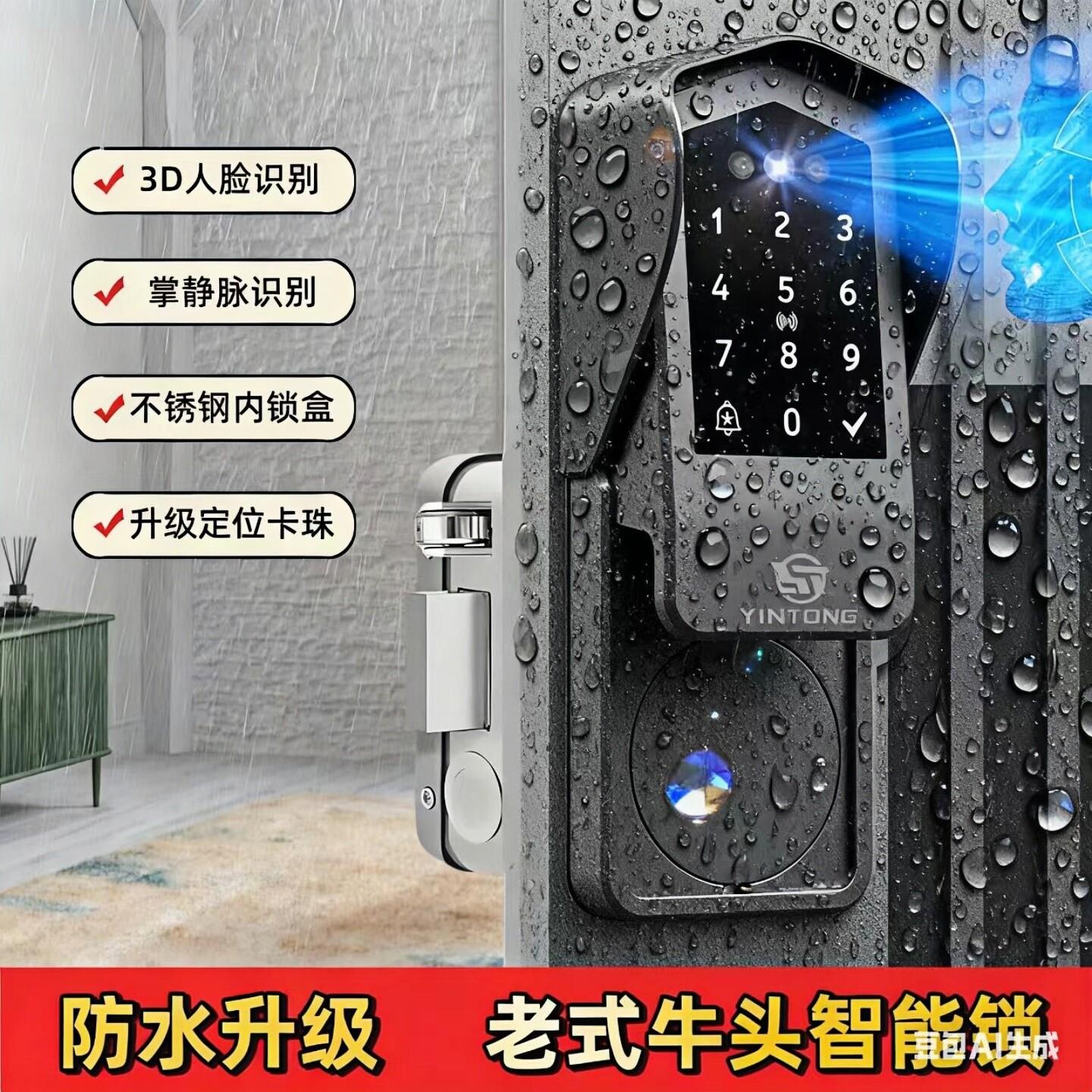 老式铁门锁人脸识别牛头锁双面指纹密码锁庭院铁门木门防水智能锁