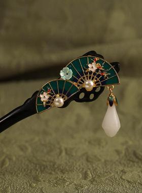 银杏檀木发簪新中式2024新款高端木质发钗日常簪子盘发