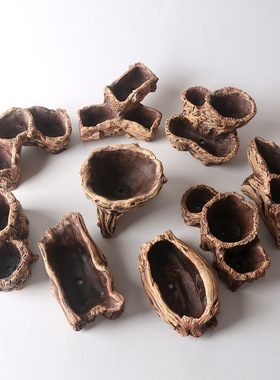 创意水泥仿树头双缸树根木头多肉花盆绿植微景观组合盆栽绿植