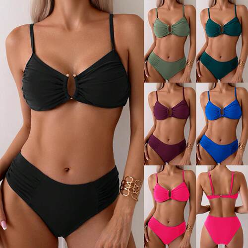 Solid Color Bikini, Simple Design, Hollow Out Metal Buckle