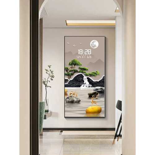流水生财玄关装饰画led灯画新中式过道走廊挂画万年历时钟表挂墙