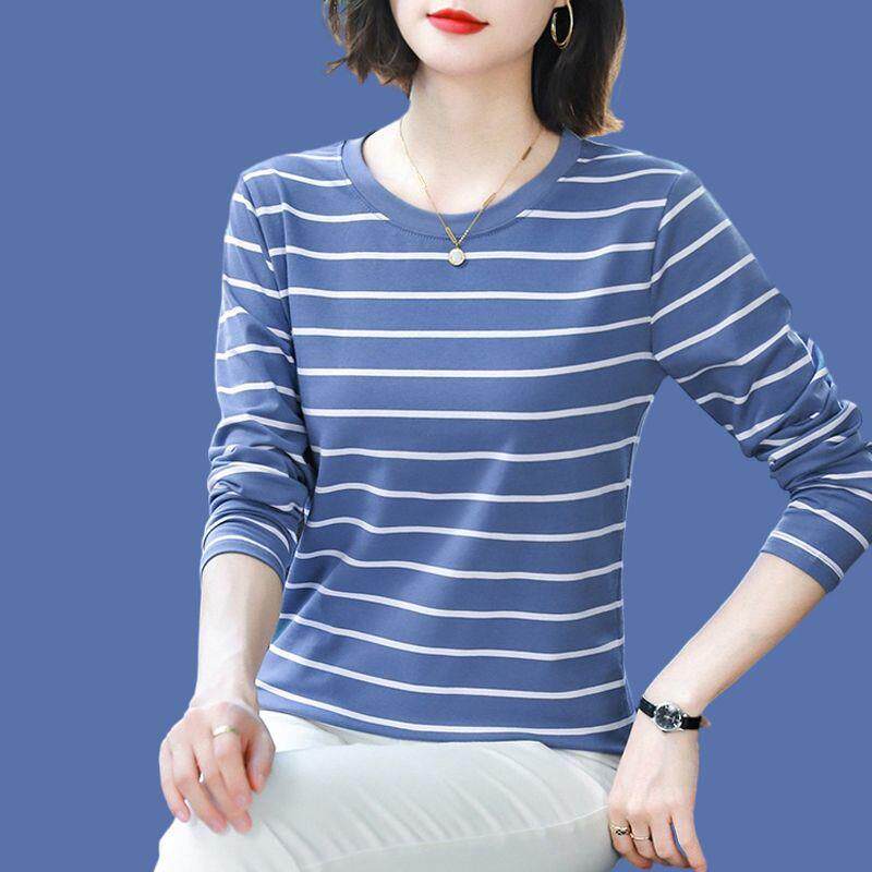 春秋季新款妈妈打底衫长袖T恤女装宽松大尺码纯棉上衣条纹外穿秋
