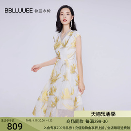 bblluuee粉蓝衣橱雅致东方百合(东方百合，)印花背心，裙2024夏欧根纱v领连衣裙