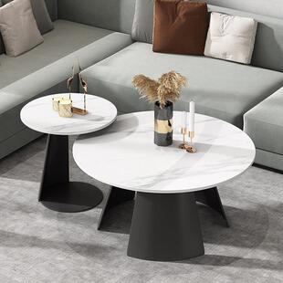 意式极简岩板茶几组合酒店创意圆形边几小户型客厅可伸缩大小茶几