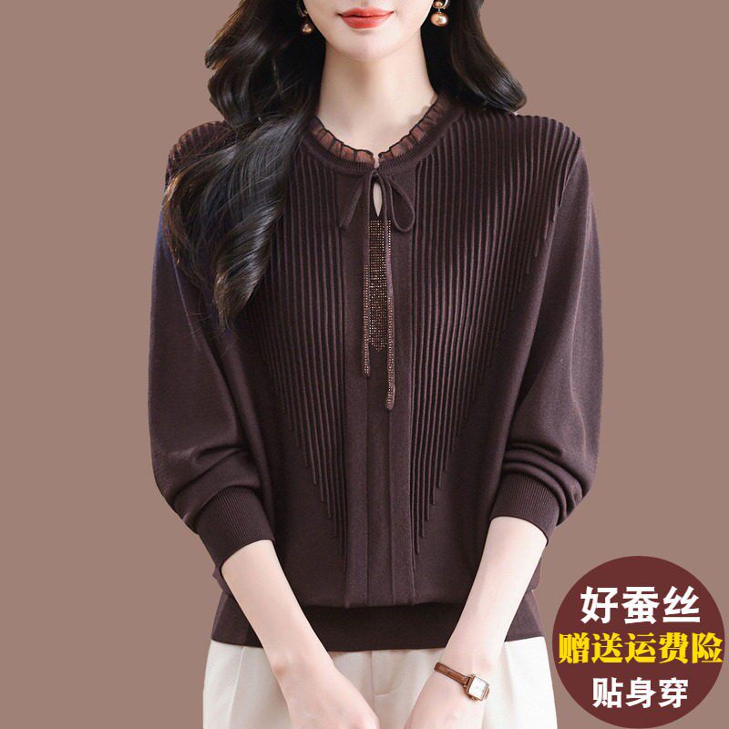 桑蚕丝长袖T恤女宽松遮肚子蕾丝上衣洋派妈妈大尺码冰丝针织打底