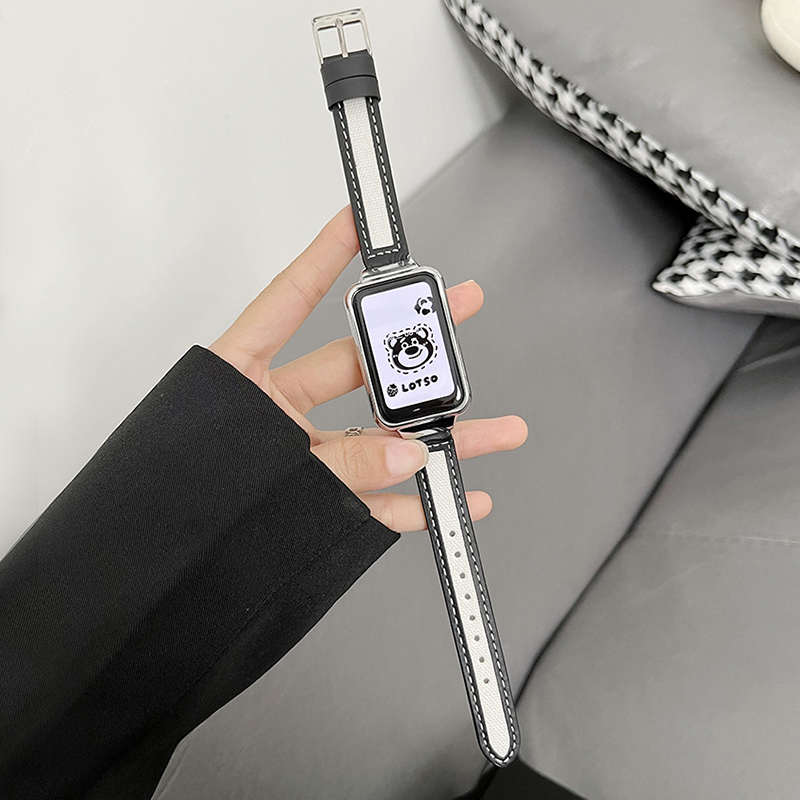 适用oppo手环2帆布拼接真皮二代nfc金属框双拼撞色小众运动替换带
