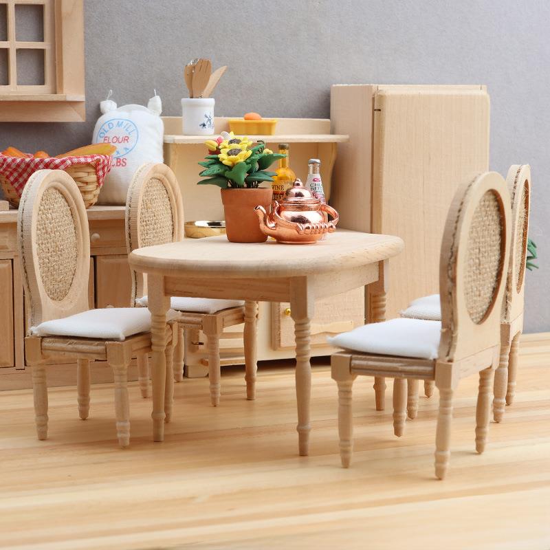 1:12迷你娃娃屋餐厅一桌四椅子DOLLHOUSE厨房摆件仿真餐桌椅