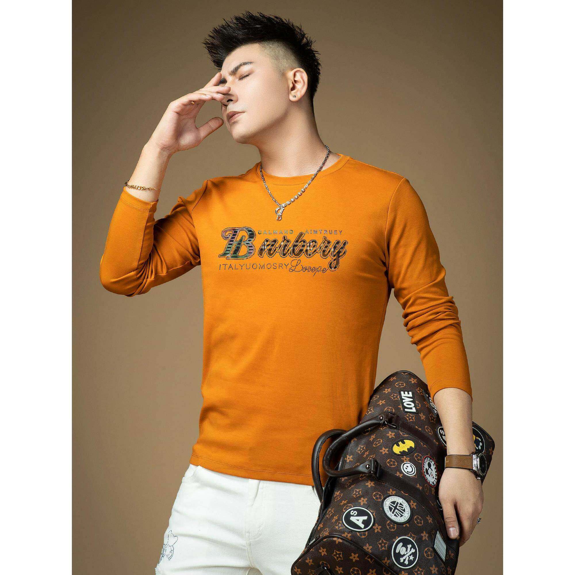 潮牌欧货字母烫钻印花长袖t恤男士春秋季高端圆领休闲体恤打底衫