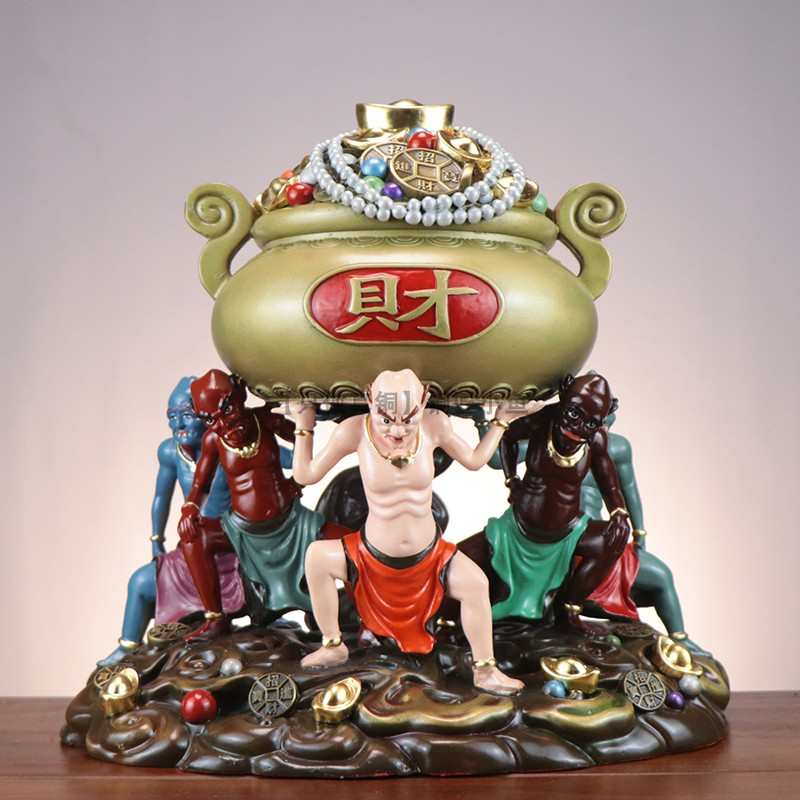 纯黄铜五方贵人聚宝盆彩绘五路小财神五灵公运财摆件招财五鬼搬财