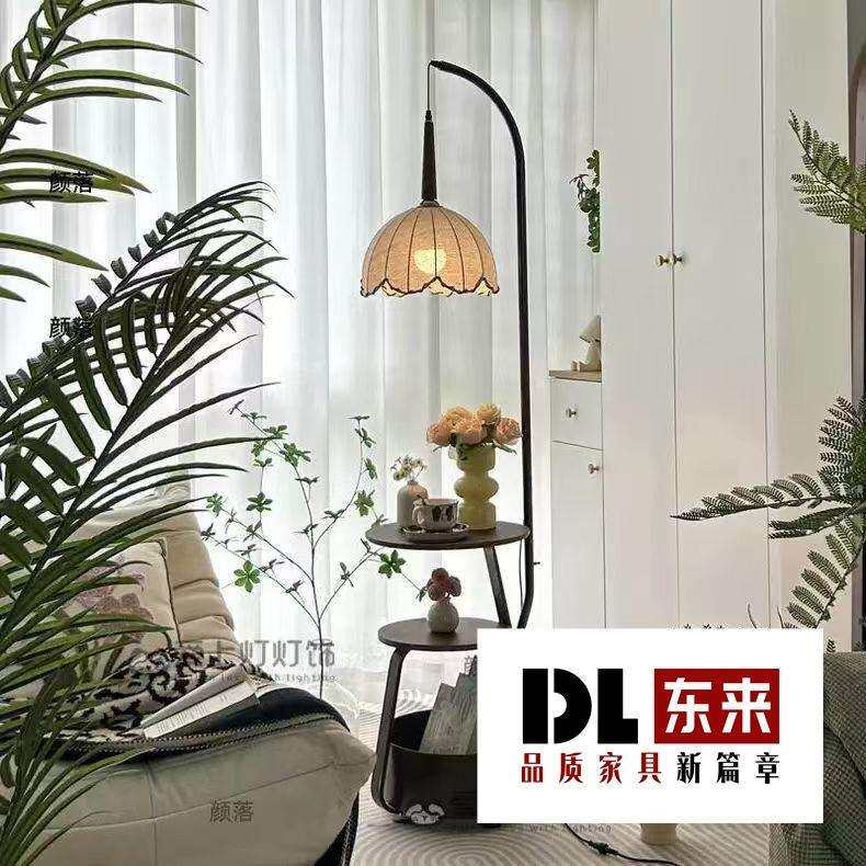法式中古风落地灯客厅沙发旁置物架高级感复古卧室床头柜一体台灯
