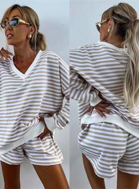Womens Striped Print Drop Shoulder Long Sleeve Tee & Elastic