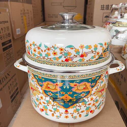 30cm蒸锅俄罗斯花珐琅搪瓷双层家用陶瓷覆底大容量加厚双料炖汤锅