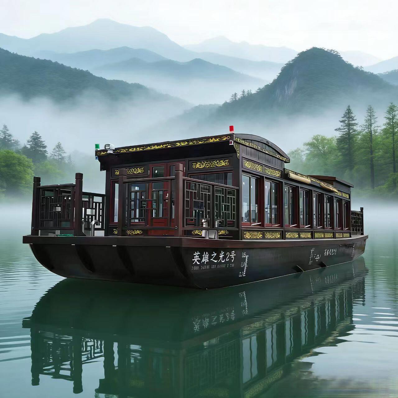 中式古典工艺船木质观光船风景区游船休闲船舶文旅画舫船房船餐饮