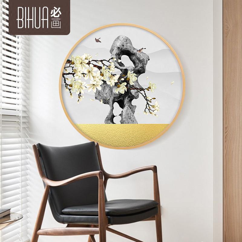 圆形中式装饰画客厅画禅意花鸟黄金满地玄关画圆形新中式挂画