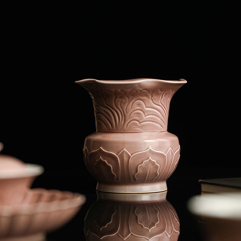 墨己 紫红汝釉仰莲瓣花艺建水茶道配件仿古花瓶水盂茶席废水缸
