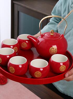 覆古景德镇中式订婚红色新娘改口敬茶杯提梁茶壶托盘结婚庆功夫茶