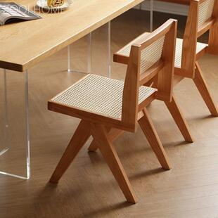 ZOOI HOME昌迪加尔椅家用覆古靠背扶手椅北欧白蜡木实木藤编餐椅