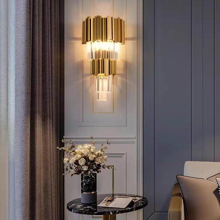 水晶轻奢壁灯客厅卧室床头灯酒店奢华大气过道灯不锈钢K9水晶壁灯