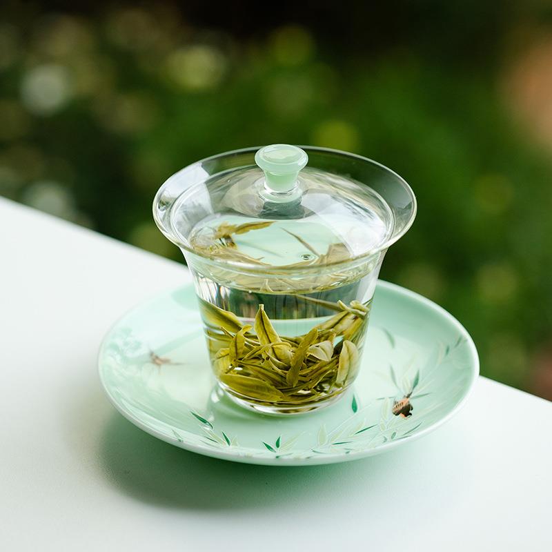 山鼎绿茶碗玻璃盖绿色透明泡茶碗陶瓷底托三才碗加厚耐热高透敬茶
