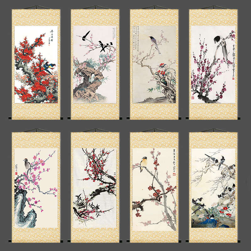 红梅报春花鸟卷轴送礼风水挂轴丝绸礼品挂画年画酒店婚庆丝绸壁画