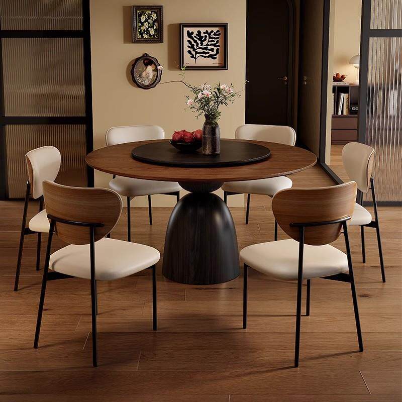 中古风实木餐桌椅组合新款法式复古圆桌高端家用小户型带转盘饭桌