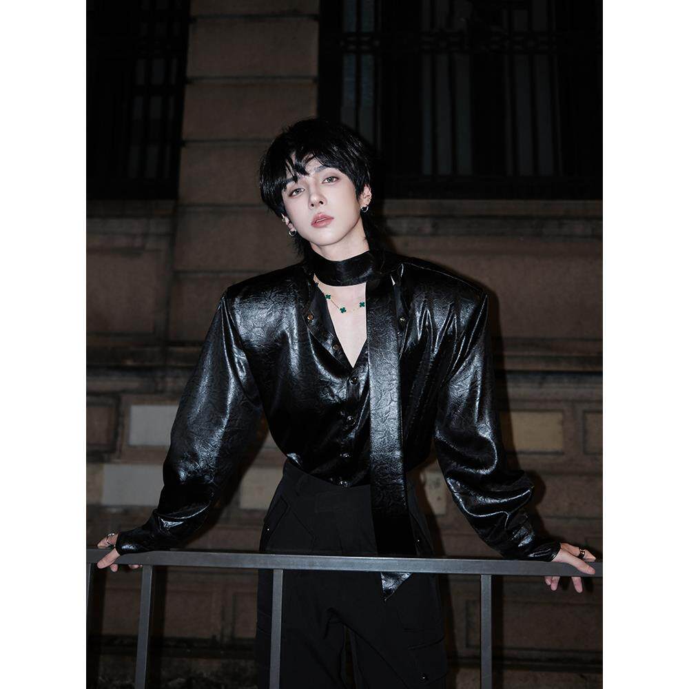 杨一帆潮牌皮衬衫男士长袖2026秋季新款韩版休闲潮流纯色ins衬衣