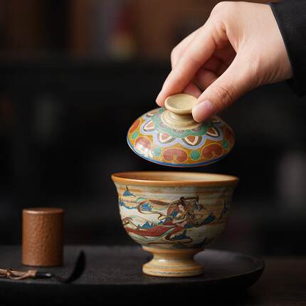 手工柴烧复古敦煌飞天两才盖碗家用泡茶碗敦煌印象中式防烫分茶器