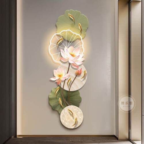 新中式九鱼图入户玄关装饰画高级感3d立体荷花挂画走廊过道壁灯画