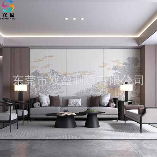 中式影视背景墙刺绣壁画墙布 珠绣盘带绣硬包背景墙电视护墙板