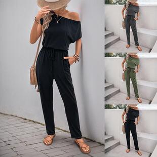 shoulder Jumpsuit drawstring diagonal pants jumpsuit