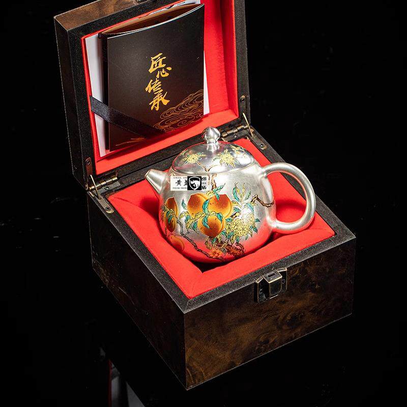 新款直销茶具礼品真银包银瓷鎏银上作画手绘九桃龙蛋茶壶高档单龙