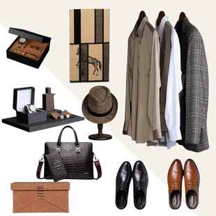 YOUPIN样板房衣帽间衣服组合男士咖色西服皮鞋衬衫软装饰品摆件轻