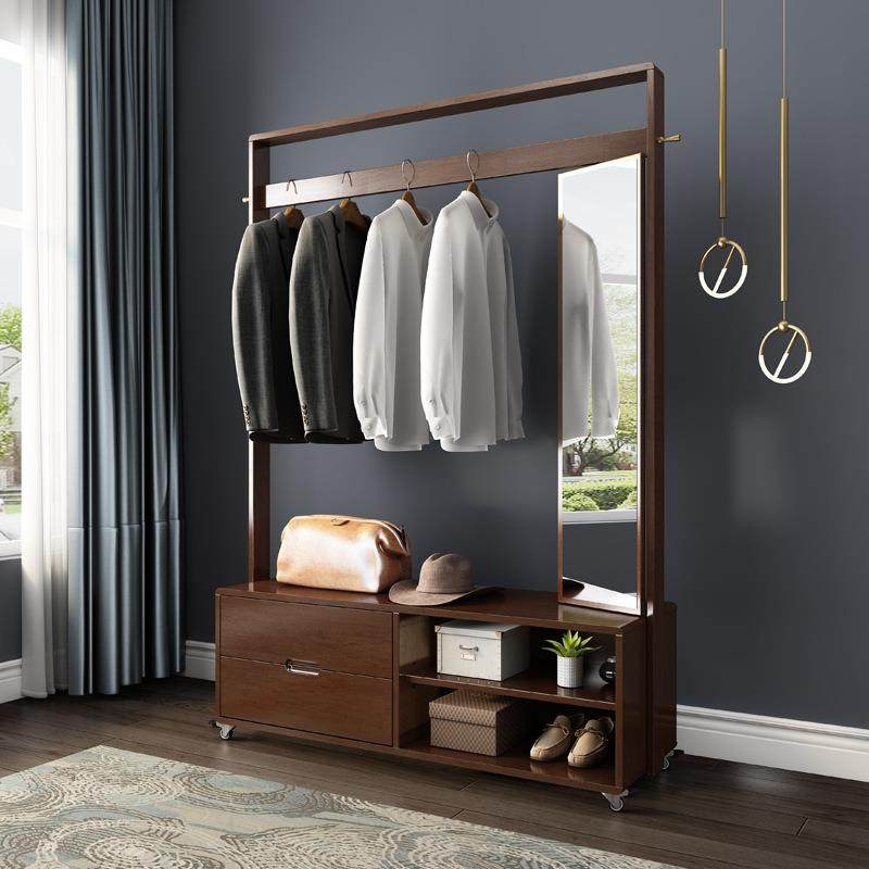 实木衣帽架卧室可移动带柜子加粗加厚挂衣架带镜子一体收纳镜柜