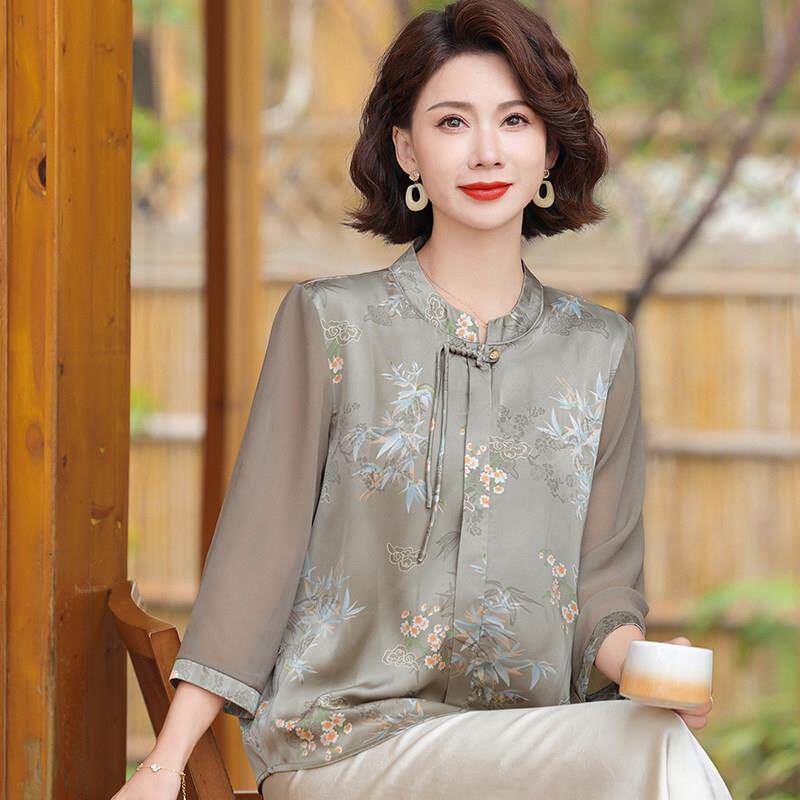【桑蚕丝100%】时尚中年妈妈夏装衬衫女套头国风真丝上衣两件套薄