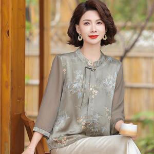 【桑蚕丝100%】时尚中年妈妈夏装衬衫女套头国风真丝上衣两件套薄