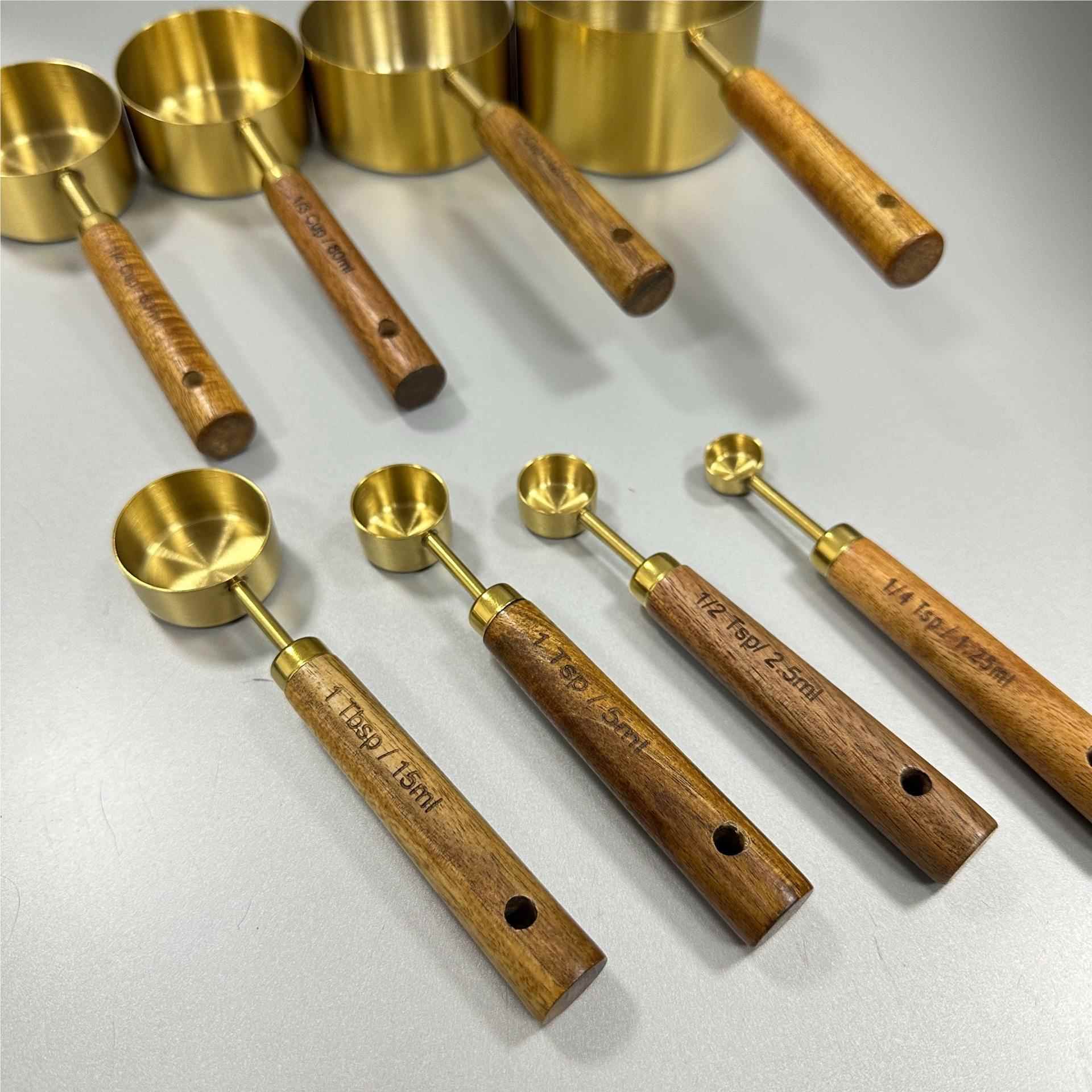新款不锈钢咖啡勺F厨量房镀家用木柄铜色烘焙量杯套YF009装Y009