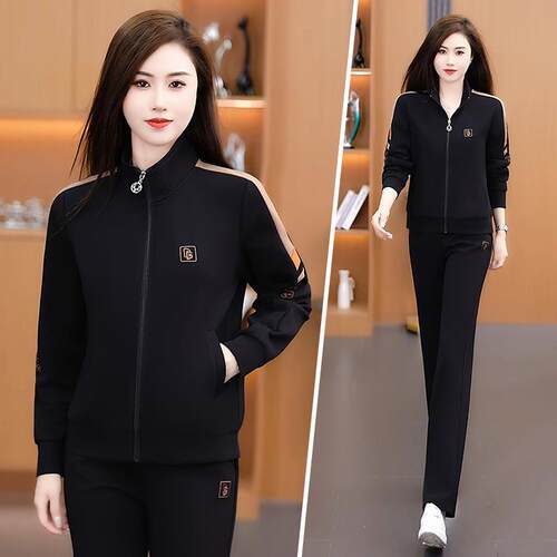 新款运动套装女春两件套减时尚立领直筒87226371裤休妈妈龄卫秋衣